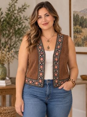 Earthbound Trading Co XL Brown Faux Suede Cropped Vest Boho Tapestry Floral
